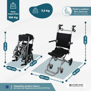 Sedia a rotelle da transito Pieghevole Alluminio Ruote