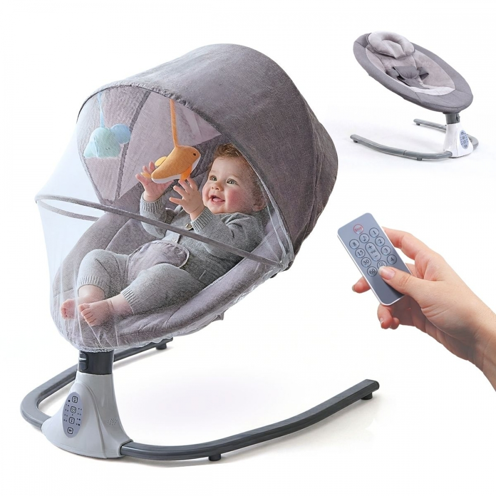 Amaca a dondolo, velocità regolabile, barra musicale e giocattolo, imbragatura a 3 punti, zanzariera, tuktuk, mobiclinic