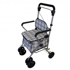 Boodschappen trolley rollator | Vier wielen | Rugleuning, zitting en mandje | Ruitjes print