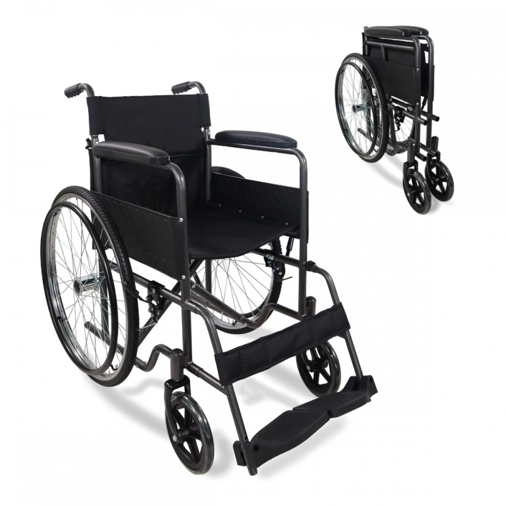 Opvouwbare rolstoel, afneembare rugleuning en voetensteun, staal, grote wielen, 46 cm, grijs, denver, mobiclinic