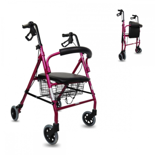 Rollator | Inklapbaar en verstelbaar | Aluminium | 4 wielen | Met remmen | Mandje en zitting | Roze | Escorial | Mobiclinic