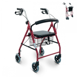 Rollator lichtgewicht | Inklapbaar en verstelbaar | Met mandje en beklede zitting | Framboos | Alhambra | Mobiclinic