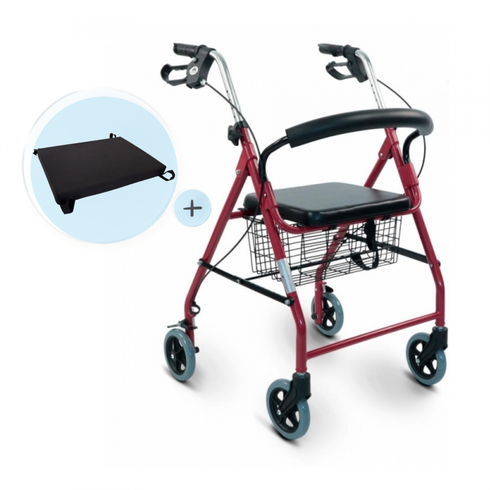 Pack alhambra plus, aluminium rollator, bordeaux, opvouwbaar, anti-decubituskussen, visco-elastisch, mobiclinic