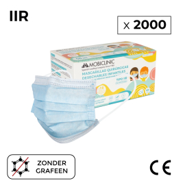 2000 Kinderchirurgische maskers IIR (of volwassen maat XS) | 0,04€ | Zonder grafeen | 40 dozen van 50 | Mobiclinic