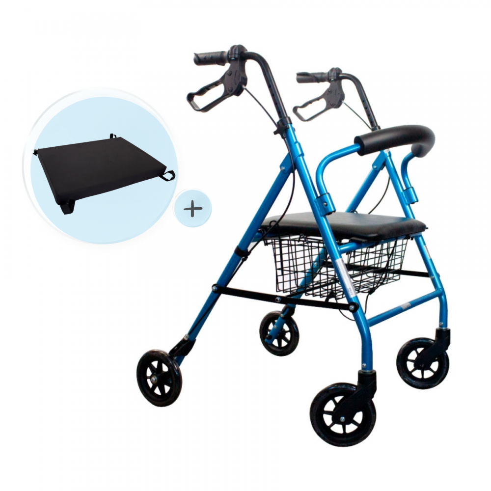 Pack escorial plus, opvouwbare rollator, blauw, remmen op hendels, anti-decubituskussen, visco-elastisch, mobiclinic