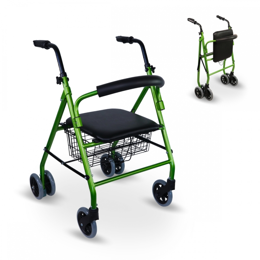 Lichtgewicht rollator, zitting en mandje, aluminium, groen, voor ouderen, prado, mobiclinic