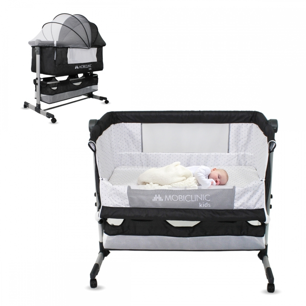 3 in 1 wieg, samen slapen, wipstoel, 3 hoogte verstelbare hoogtes|klamboe en mand, met matras, 360º wielen, night, mobiclinic