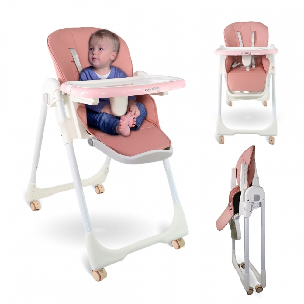 Kinderstoel met wielen, in hoogte verstelbaar, opvouwbaar, verwijderbaar blad, steunharnas, roze, simba, mobiclinic