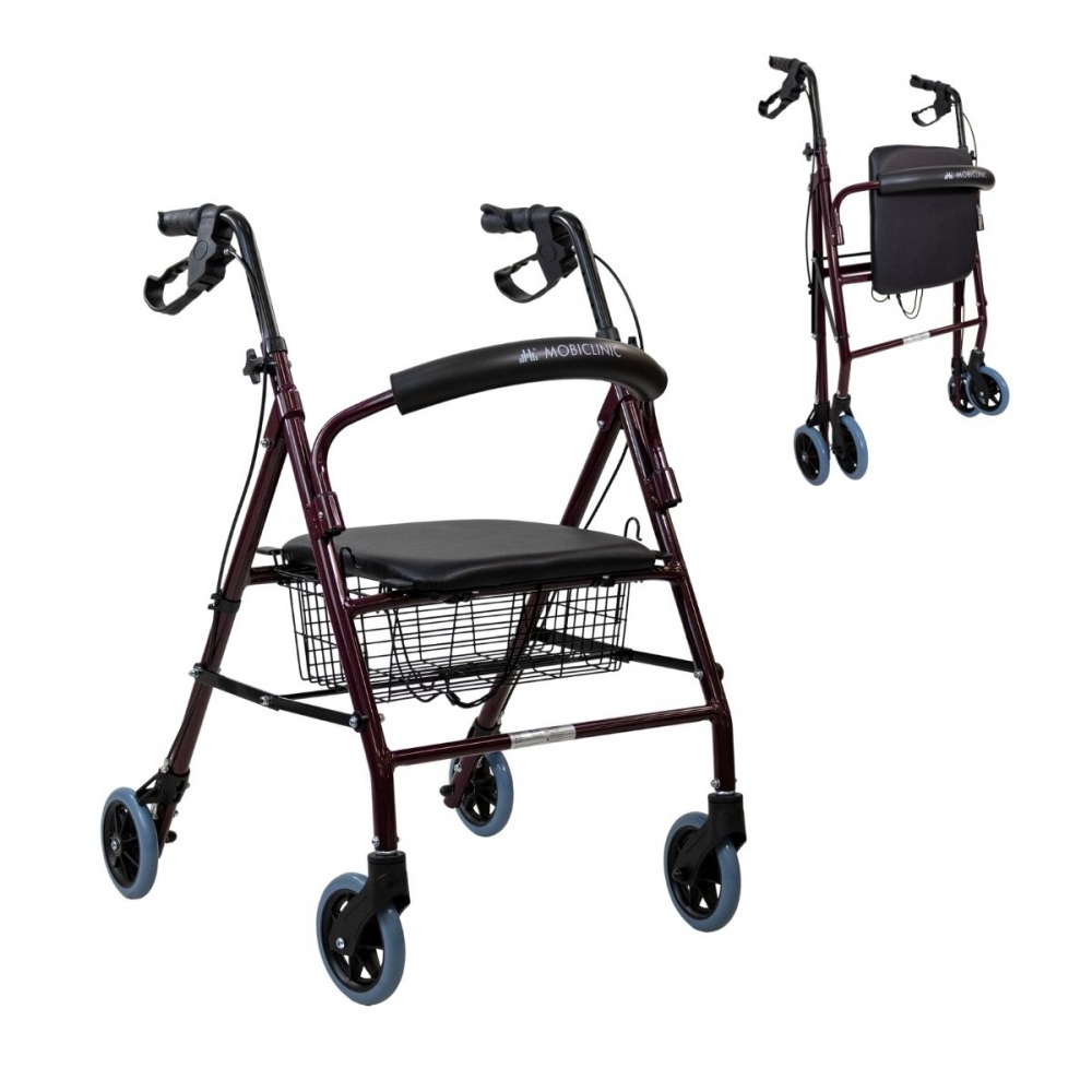 Rollator lichtgewicht, inklapbaar en verstelbaar, aluminium, met mandje en zitting, bordeaux, escorial, mobiclinic