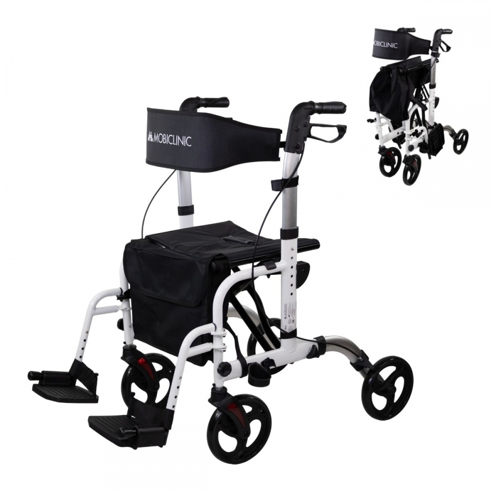 Rollator met voetsteun en rugleuning, opvouwbaar, aluminium, remmen, 360º wielen, tas, stokhouder, ibiza, mobiclinic