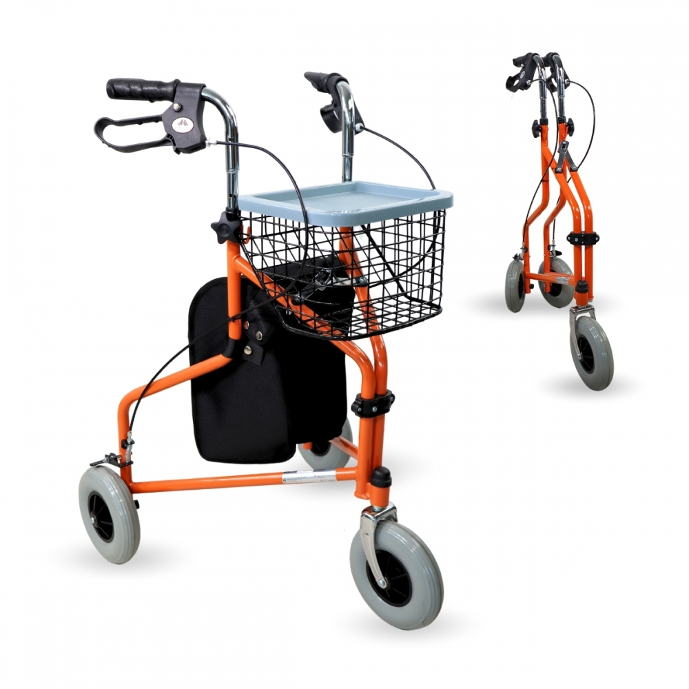Mobiclinic, model caleta, stalowy rollator, chodzik, lekki, regulowana wysokość, składany, kosz, 3 koła, pomarańczowy