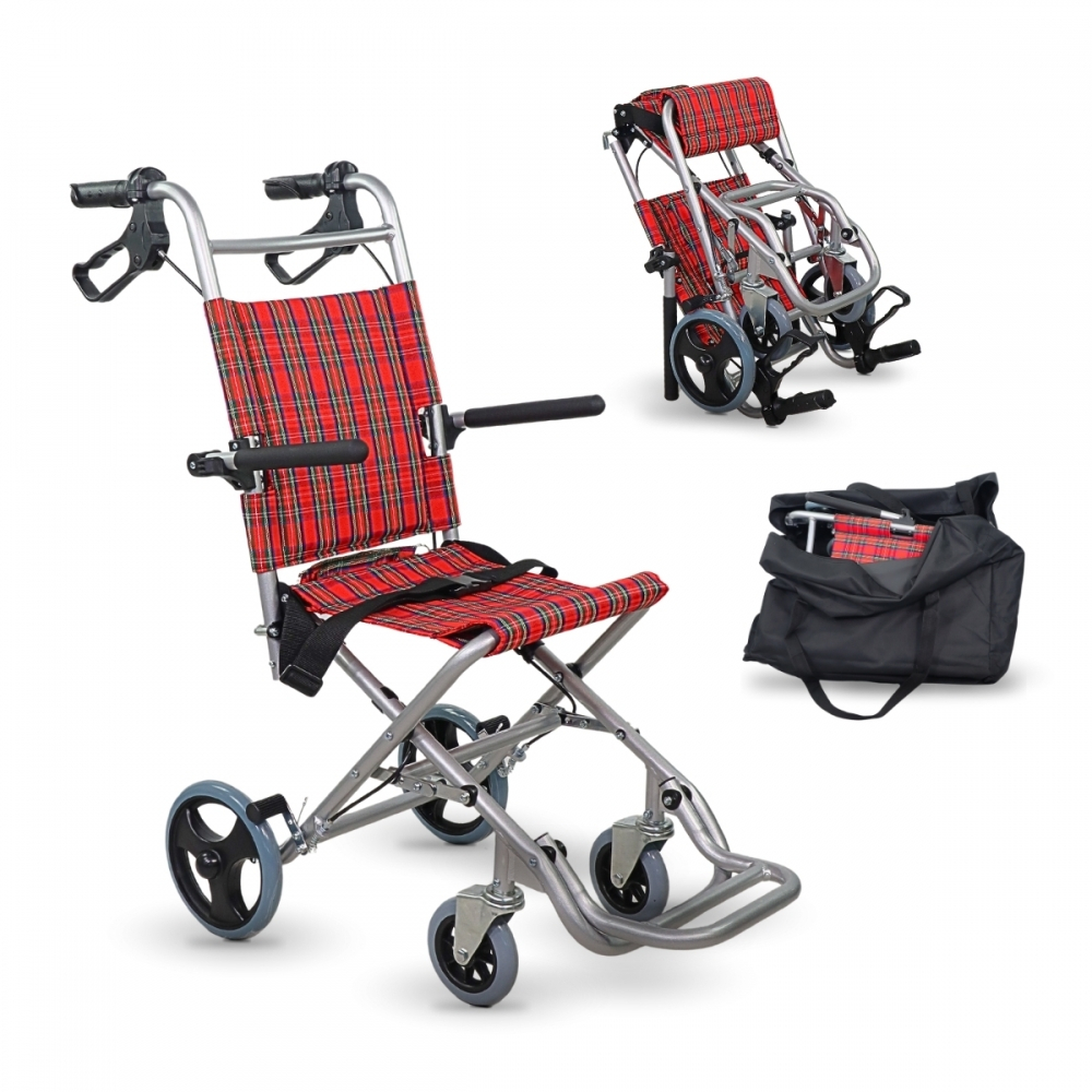 Wózek inwalidzki do transportu, składany, aluminium, hamulce dźwigniowe, w kratę, neptuno, mobiclinic