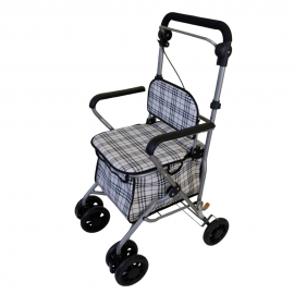 Andarilho carrinho de compras | Quatro rodas | Encosto, assento e cesta | Estampa xadrez