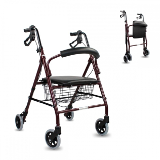 Andarilho para idosos | Dobrável | Alumínio | Travões de punho | Assento e encosto | 4 rodas | Bordô | Escorial | Mobiclinic