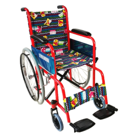 Cadeira de rodas infantil | Dobrável | Apoios de pés| Vermelho com estofado estampado| Teatro | Mobiclinic