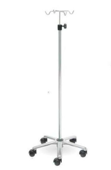 Poste intravenoso hospitalar, 2 ganchos, altura regulável, base de alumínio, 5 rodas, aço inoxidável, mobiclinic