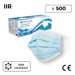 500 máscaras cirúrgicas IIR | 0,16€/und | Sem gráficos| 10 caixas de 50 unidades | 3 camadas | Descartável | Mobiclinic