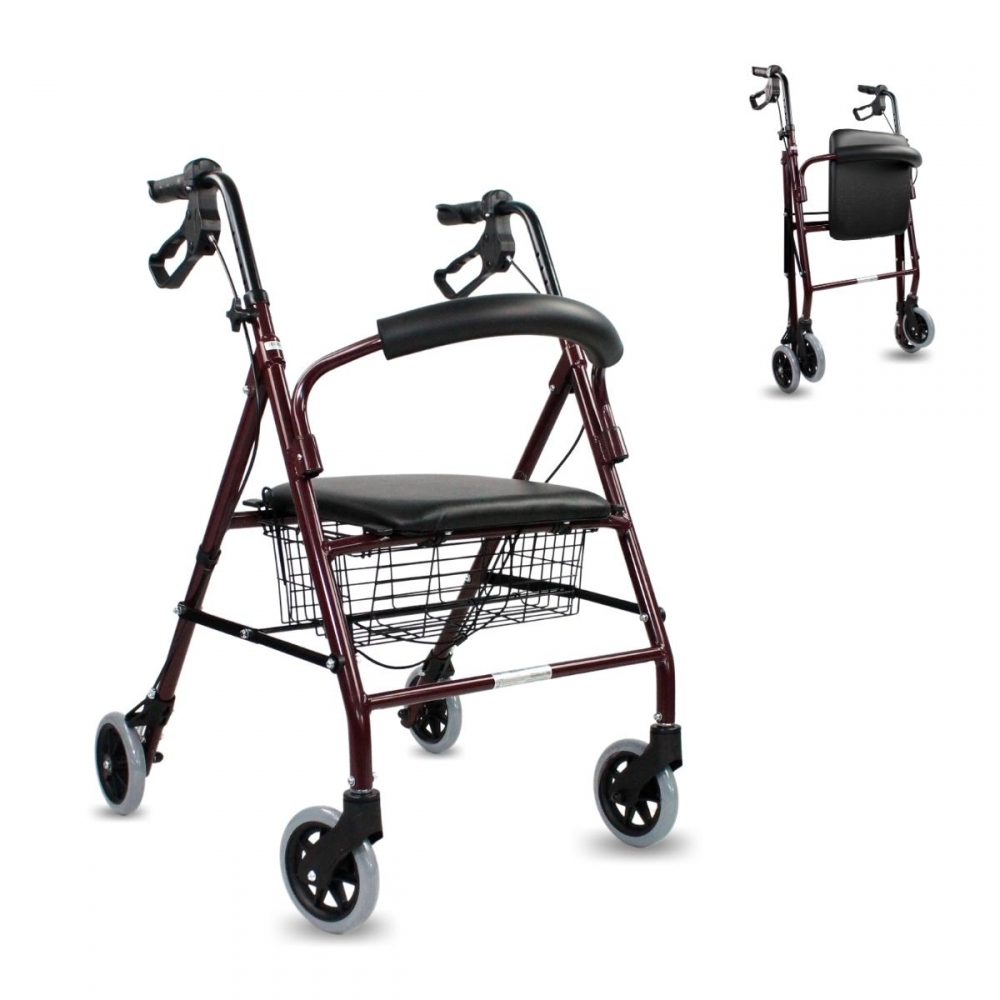 Walker, fällbar, aluminium, bromsar på spakar, säte och ryggstöd, 4 hjul, bordeaux, escorial, mobiclinic