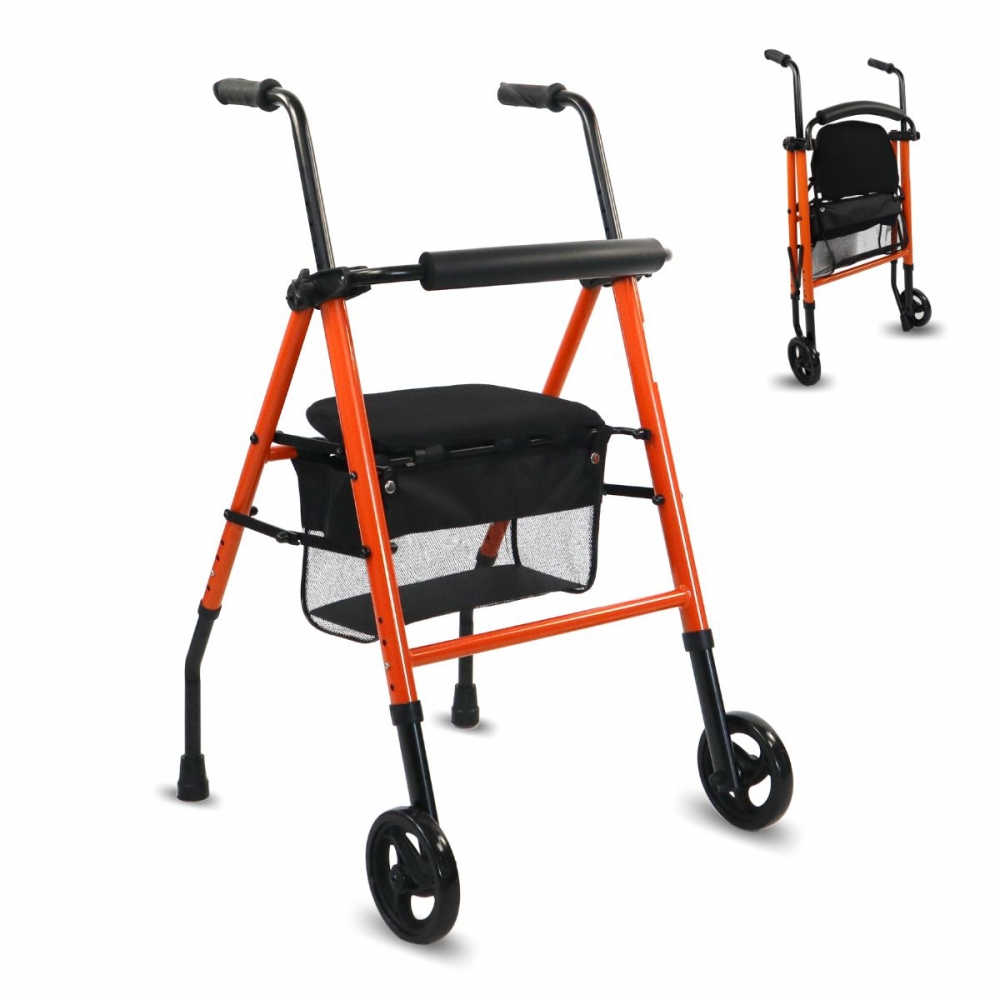 Vandrare för äldre, stål, vikbar, sits och rygg, 2 hjul, korg, premium, nero, mobiclinic