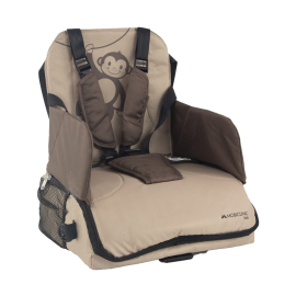 Resebarnstol med förvaring| För bebisar | Fällbar | Med ficka och handtag | Upp till 15 kg | Beige | Monkey | Mobiclinic