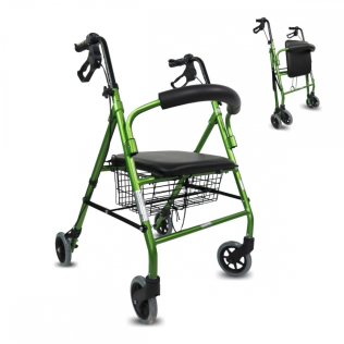 Walker | Fällbar | Aluminium | Bromsar på handtag | Sits och ryggstöd | 4 hjul | Grön | Escorial | Mobiclinic
