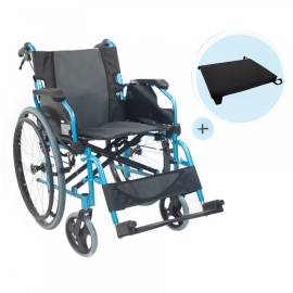 Pack Bolonia Plus | Hopfällbar rullstol | Blå | Aluminium | Antidecubitus kudde | Viskoelastisk | Mobiclinic