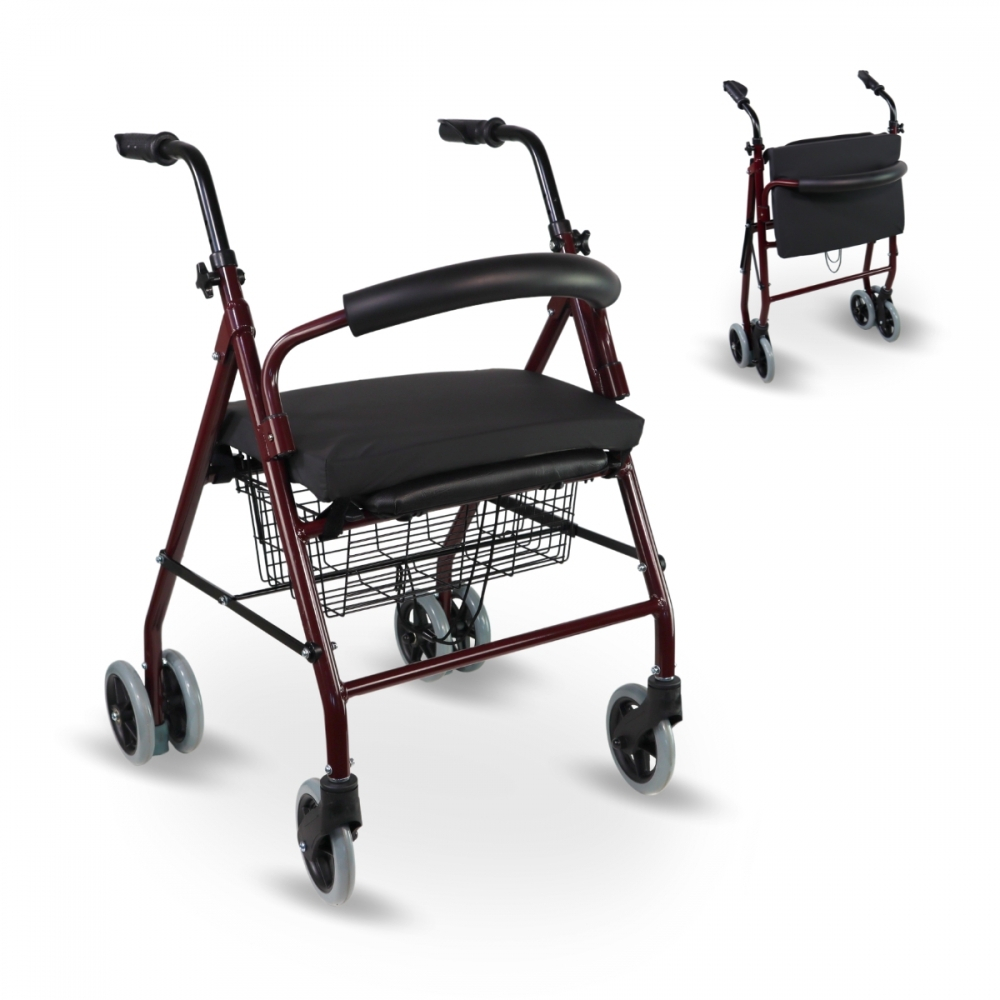 Hopfällbar rollatorpack och speciell antidecubitus kudde, ryggstöd, aluminium, korg, bordeaux, prado plus, mobiclinic