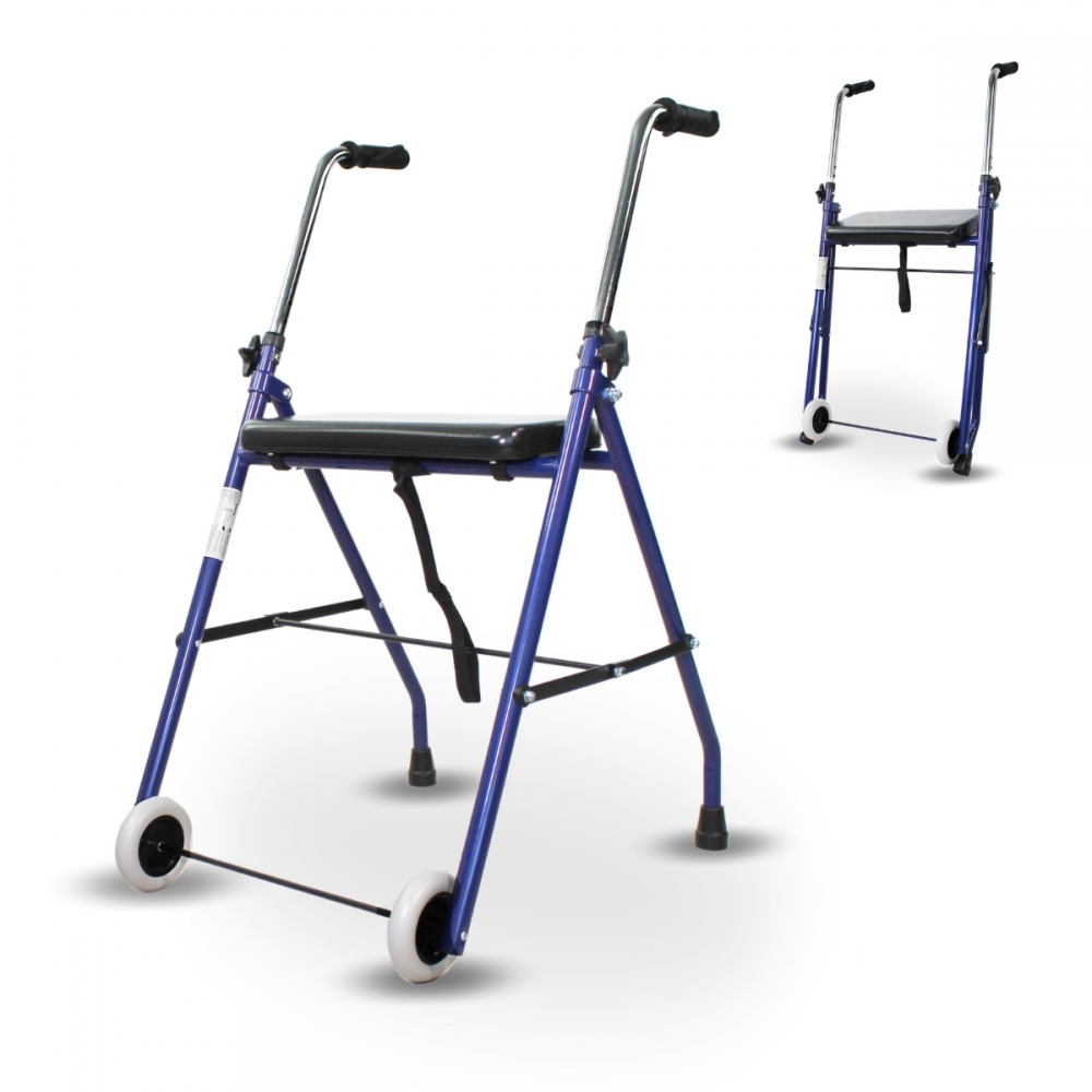 Rollator för äldre, vikbar, sits, 2 hjul, blå, emerita, mobiclinic
