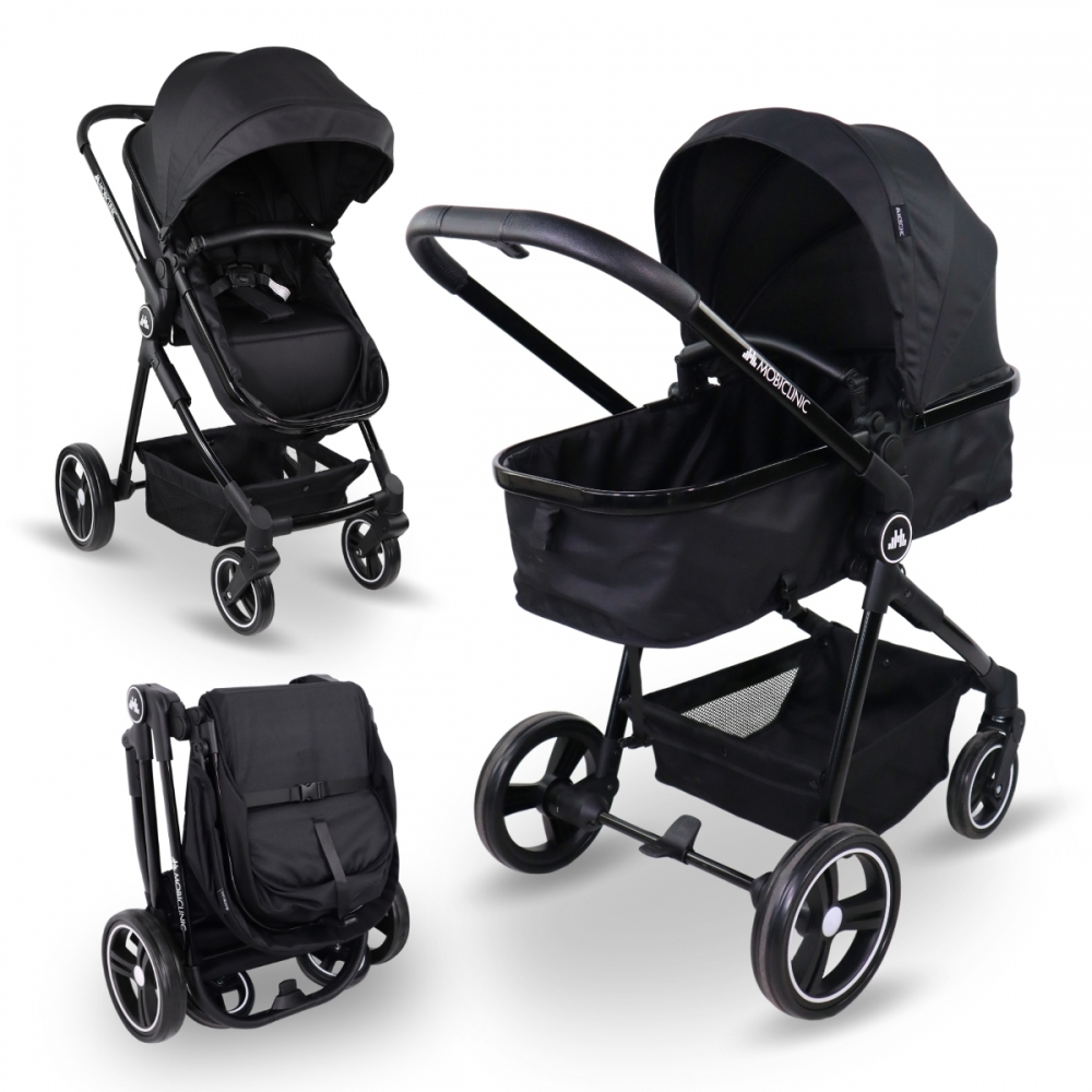 2-i-1 barnvagn, ultrakompakt hopfällbar, enkelspak, 5-punktssele, lagtagbar stång, max, 22 kg, svart, nuit, mobiclinic