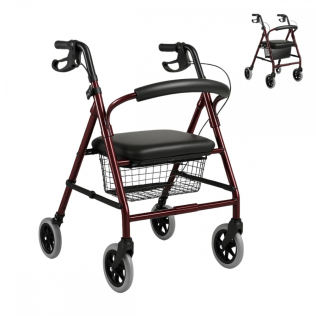 Walker | Fällbar | Aluminium | Bromsar på spakar | Säte och ryggstöd | 4 hjul | Bordeaux | Escorial | Mobiclinic