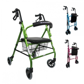 Walker | Fällbar | Aluminium | Bromsar på handtag | Sits och ryggstöd | 4 hjul | Grön | Escorial | Mobiclinic